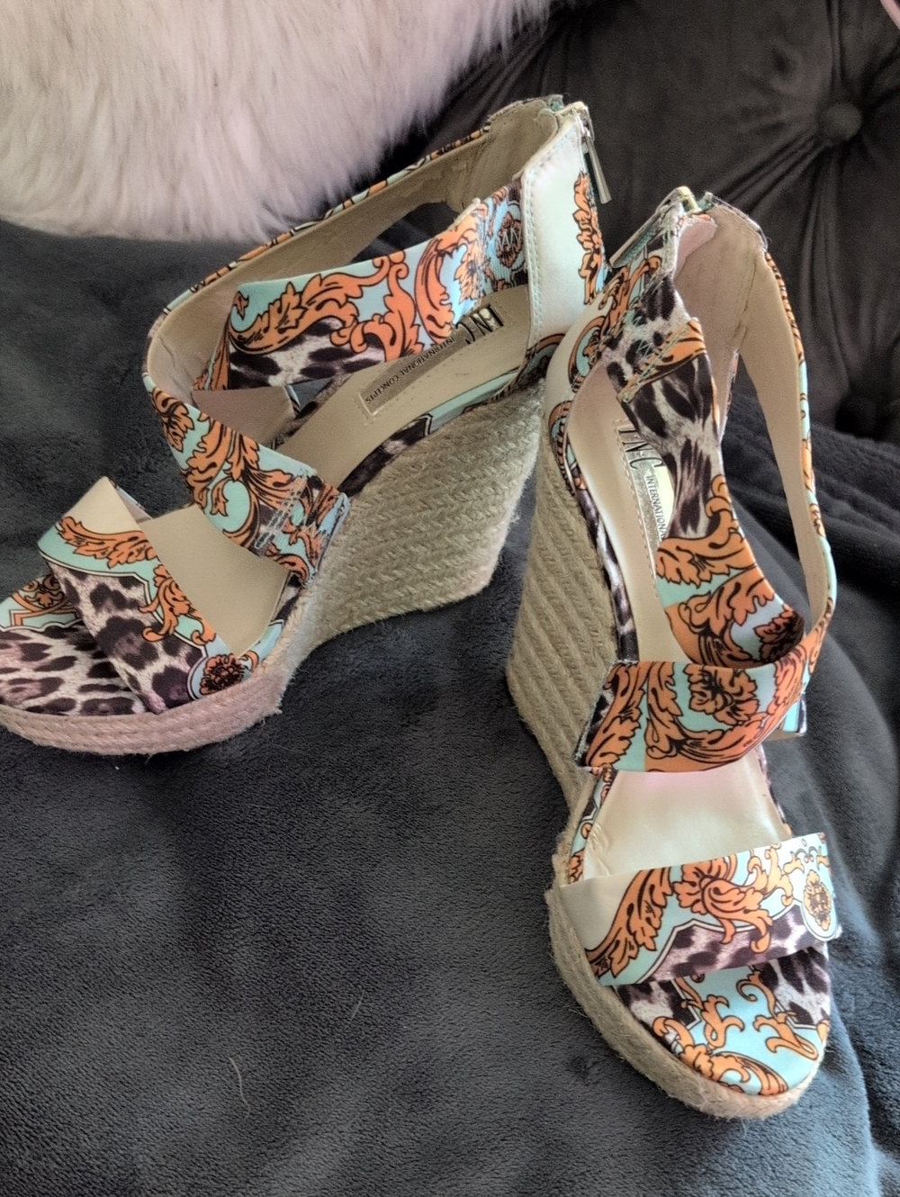 INC International Concepts Mint & Coral Patterned Espadrille Wedges